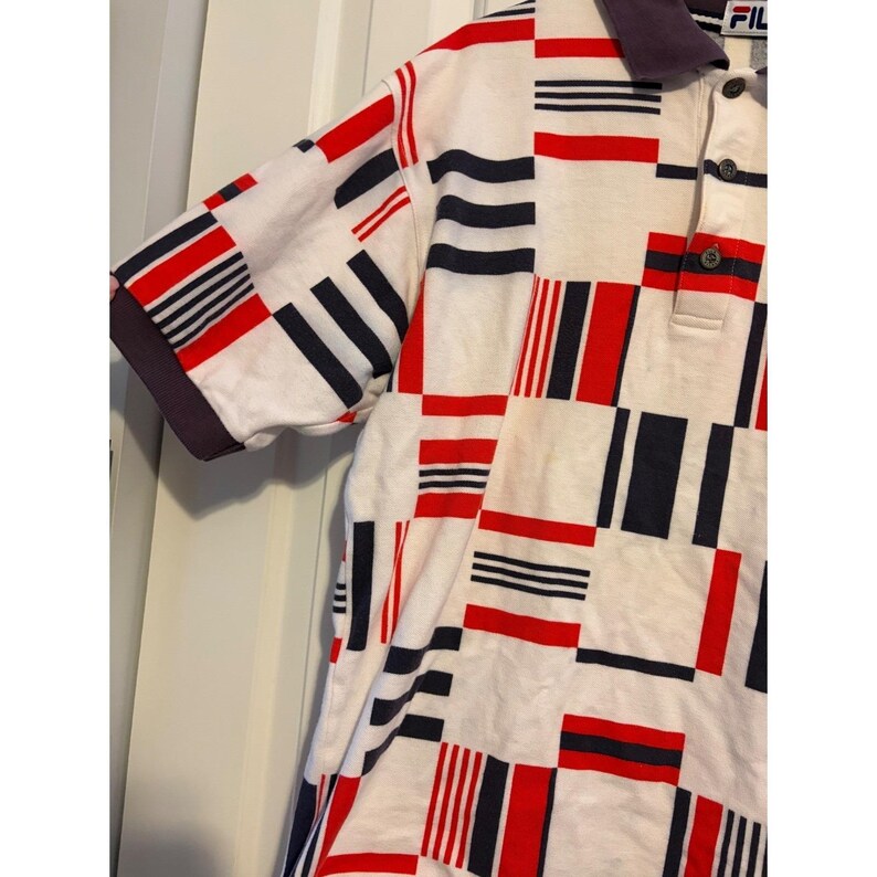 Vintage Fila Polo Shirt Mens Large Geometric Block Abstract Red White Blue 90s image 7