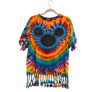 Vintage Retro T-Shirt Tie Dye Mickey Mouse Rainbow Fringe XL image 1