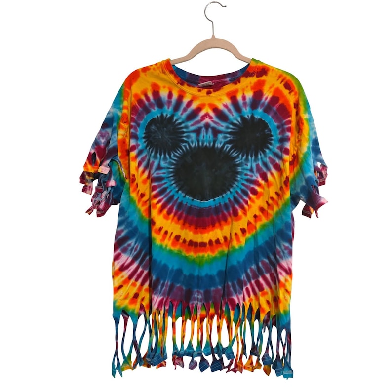 Vintage Retro T-Shirt Tie Dye Mickey Mouse Rainbow Fringe XL image 1