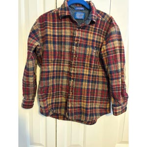 Vintage Pendleton Wool Flannel Shirt Plaid Red Blue Elbow Patches Mens Large image 2