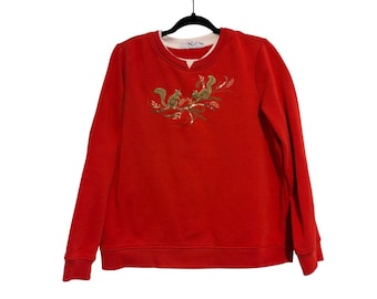 Vintage Sweatshirt Embroidered Squirrel Red Sequin Layered Collar XL
