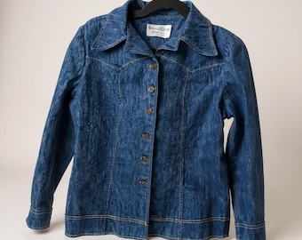 Vintage DenimWorks Womens Blue Denim Button-Up Jacket With Wide Collar & Contras