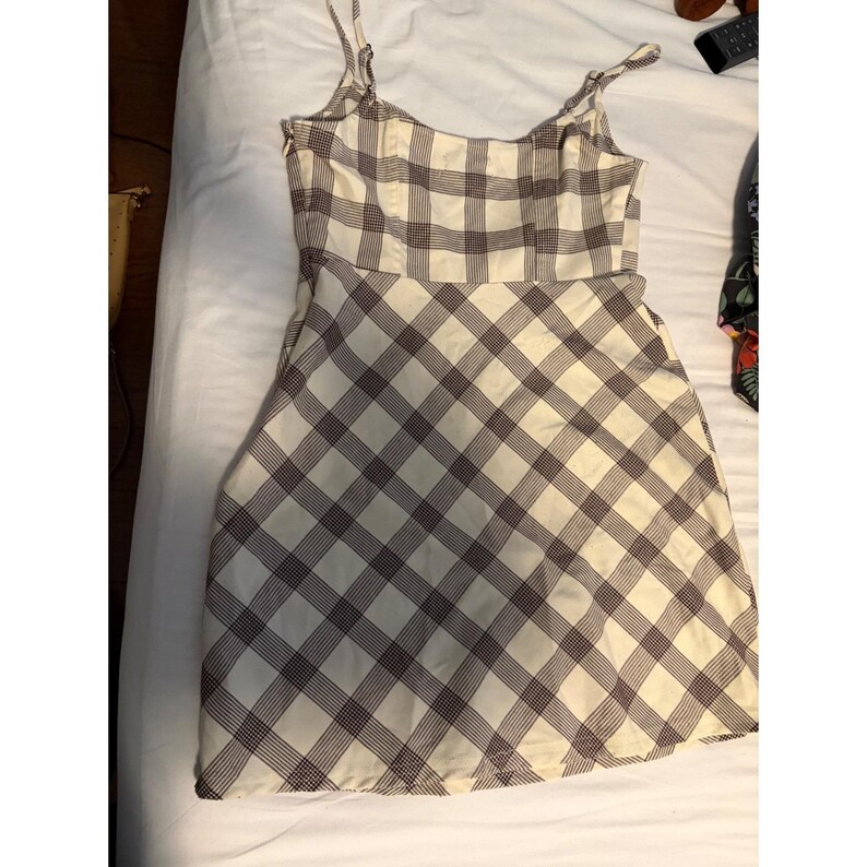Urban Outfitters Plaid Mini Dress Brown Cream Sweetheart Neckline Size S P image 6