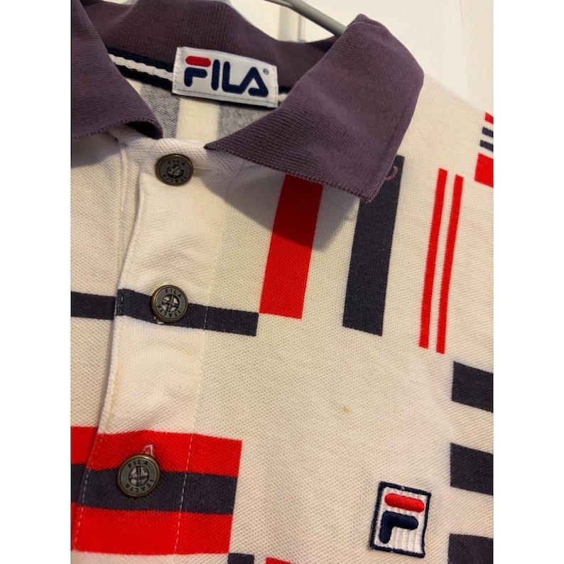 Vintage Fila Polo Shirt Mens Large Geometric Block Abstract Red White Blue 90s afbeelding 4
