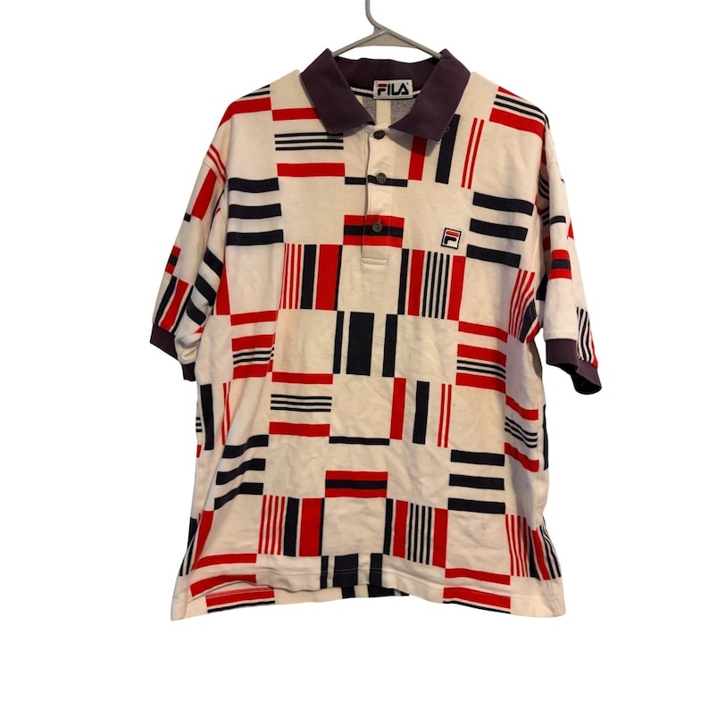 Vintage Fila Polo Shirt Mens Large Geometric Block Abstract Red White Blue 90s afbeelding 1