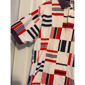 Vintage Fila Polo Shirt Mens Large Geometric Block Abstract Red White Blue 90s afbeelding 7