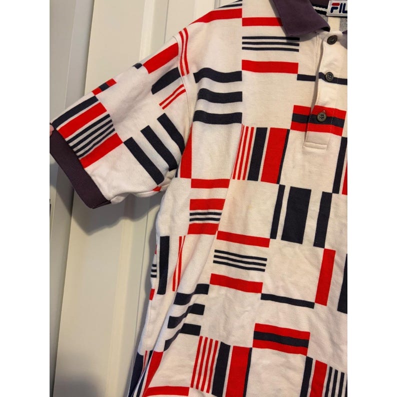 Vintage Fila Polo Shirt Mens Large Geometric Block Abstract Red White Blue 90s afbeelding 7