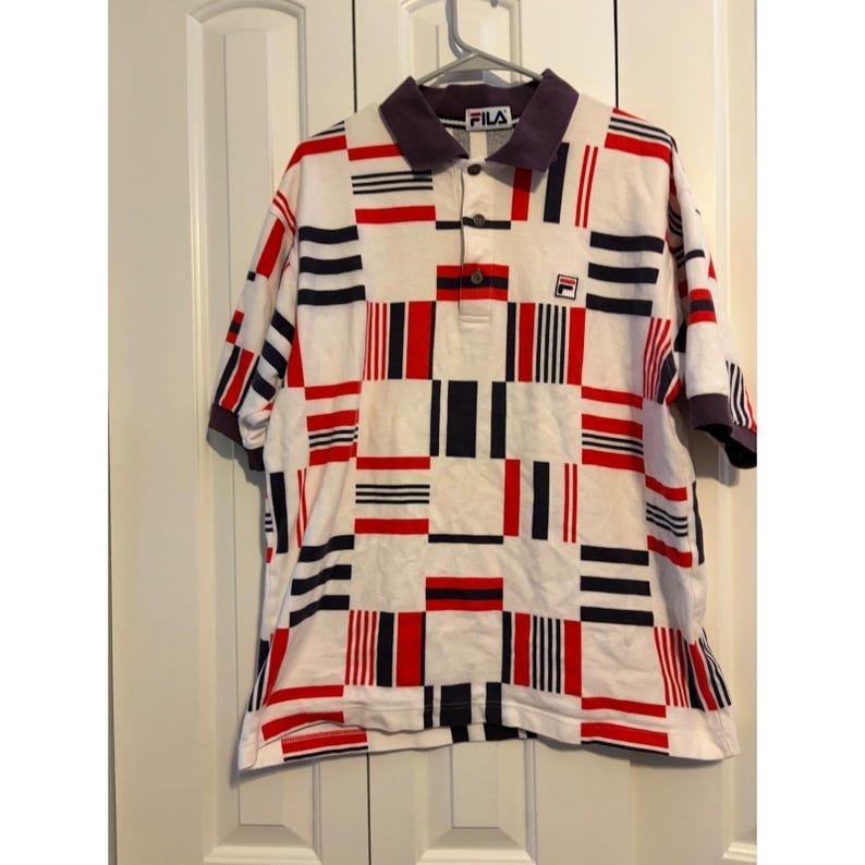 Vintage Fila Polo Shirt Mens Large Geometric Block Abstract Red White Blue 90s image 2