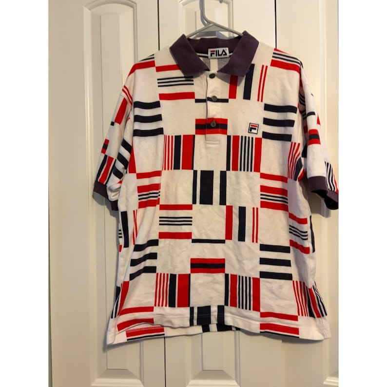 Vintage Fila Polo Shirt Mens Large Geometric Block Abstract Red White Blue 90s afbeelding 2