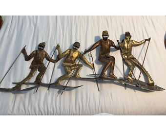 Vintage Brutalist Metal Skiers Wall Art Copper Brass Mid Century Decor 38in