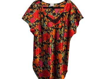Romantic Moods Nightgown Vintage Floral Black Satin Lace Trim Plus Size 1X