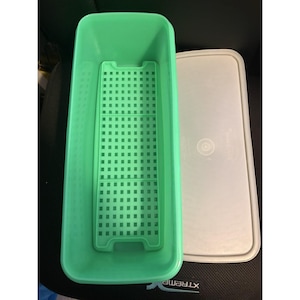 May include: A green rectangular food storage container with a perforated insert and a light gray lid. The container is open, revealing the interior. The lid is off to the side. The container is made of plastic.