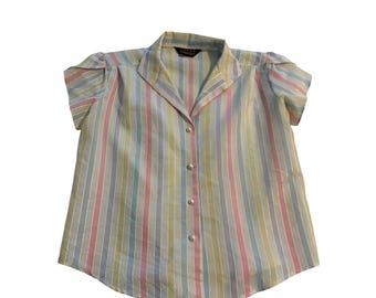 Vintage 80s Button Down Shirt Pastel Rainbow Stripe Metallic Petal Sleeve