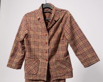 Vintage Plaid Blazer Skirt Set Womens 3 Piece Suit Pink Red Tan Classic