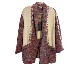 Vintage Kimlon Multi Color Space Dye Knit Cardigan Shawl Collar Boho XL