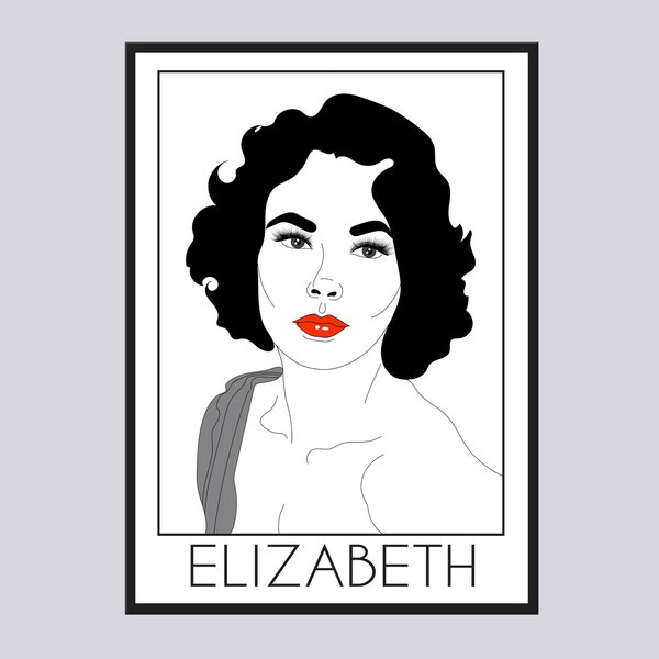 Liz Taylor,Celebrities,Vintage,Cinema Dive,Contemporary Print,Line drawing,Poster Art,Gifts for Anniversaries,Black and White, Pop Art