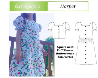 PDF Square Neck Puff Sleeves Button Down Top Dress