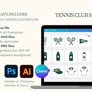 May include: A digital illustration set titled "Tennis Club Set" displayed on a laptop screen. The set includes 50 flat design illustrations of tennis-related items, such as rackets, water bottles, and shirts. The set is editable in Photoshop, Illustrator, and Canva.