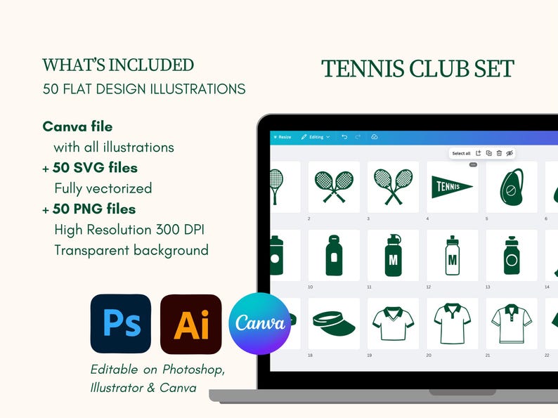 May include: A digital illustration set titled "Tennis Club Set" displayed on a laptop screen. The set includes 50 flat design illustrations of tennis-related items, such as rackets, water bottles, and shirts. The set is editable in Photoshop, Illustrator, and Canva.