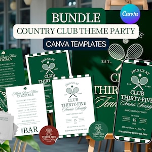 May include: A collection of Canva templates for a Country Club themed event. The design incorporates green and white elements, such as invitations, cocktail menus, and stickers. The text includes "Club Thirty-Five Tennis Society."