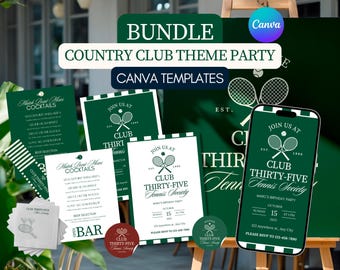 Country Club Party Bundle: Tennis Theme, Editable Canva Templates (Digital Download
