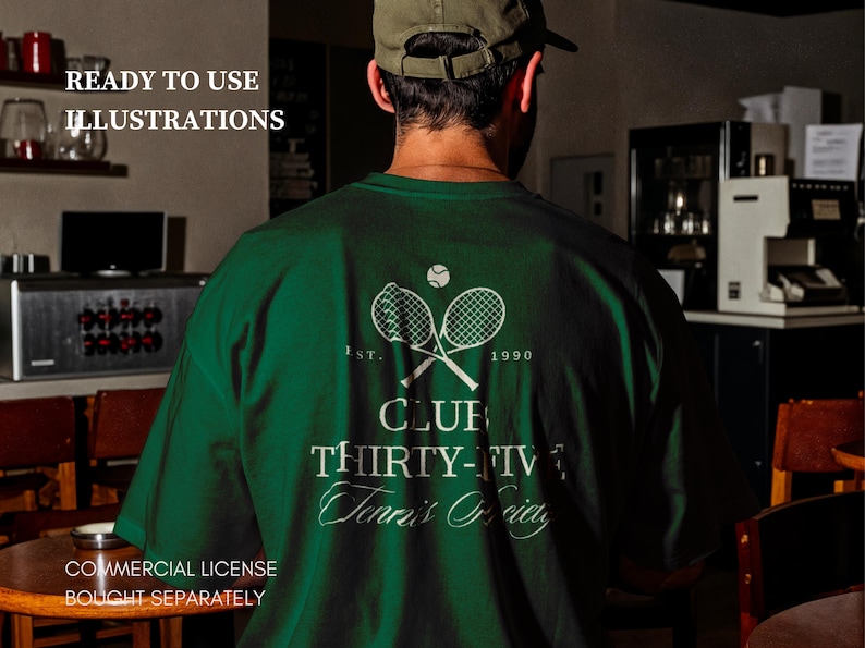 May include: Dark green t-shirt with a tennis-themed graphic on the back. The design includes crossed tennis rackets, a tennis ball, and the text "CLUB THIRTY-FIVE Tennis Society". The shirt also has the text "READY TO USE ILLUSTRATIONS" and "COMMERCIAL LICENSE BOUGHT SEPARATELY".