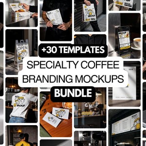 Könnte beinhalten: Eine Collage von Bildern, die Mockups für das Branding von Spezialitätenkaffee zeigen. Die Bilder umfassen Kaffeetassen, Menüs, Verpackungen und Beschilderungen. Der Text auf den Bildern lautet "+30 TEMPLATES SPECIALTY COFFEE BRANDING MOCKUPS BUNDLE".