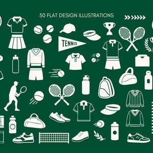 May include: White tennis-themed illustrations on a dark green background. The image includes tennis rackets, balls, clothing, trophies, water bottles, bags, shoes, and a net. Text at the top reads "50 FLAT DESIGN ILLUSTRATIONS" in white.