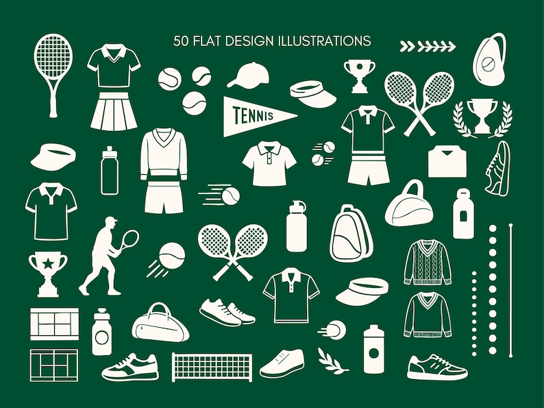 May include: White tennis-themed illustrations on a dark green background. The image includes tennis rackets, balls, clothing, trophies, water bottles, bags, shoes, and a net. Text at the top reads "50 FLAT DESIGN ILLUSTRATIONS" in white.