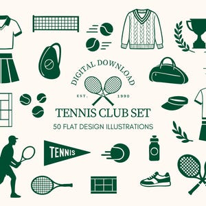 May include: A collection of 50 flat design illustrations in dark green, featuring tennis equipment and apparel. Includes tennis rackets, balls, clothing, a trophy, and a player silhouette. Text reads "Tennis Club Set" and "Digital Download."