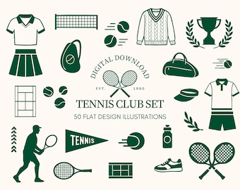 Op de afbeelding: Een verzameling van 50 platte ontwerp illustraties in donkergroen, met tennisuitrusting en kleding. Inclusief tennisrackets, ballen, een trofee en een silhouet van een speler. Tekst luidt "Tennis Club Set" en "Digital Download".