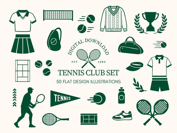 Tennis Country Club Society Illustrations Bundle – 50 Flat Editable Clip Art CANVA/PNG/SVG - Digital Download