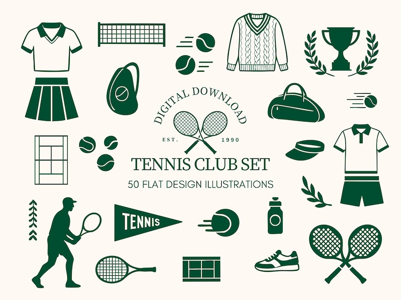 May include: A collection of 50 flat design illustrations in dark green, featuring tennis equipment and apparel. Includes tennis rackets, balls, clothing, a trophy, and a player silhouette. Text reads "Tennis Club Set" and "Digital Download."