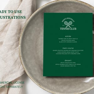 May include: A dark green menu card with white text, featuring a tennis club logo and a list of dishes. The menu is on a gray plate, with a beige cloth and white flowers in the background. The text on the menu includes "Mike's Birthday" and "Tennis Club".