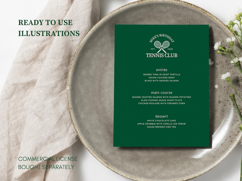 May include: A dark green menu card with white text, featuring a tennis club logo and a list of dishes. The menu is on a gray plate, with a beige cloth and white flowers in the background. The text on the menu includes "Mike's Birthday" and "Tennis Club".