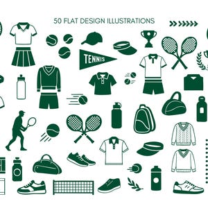 May include: A collection of 50 flat design illustrations in dark green on a white background. The illustrations depict tennis equipment and apparel, including rackets, balls, clothing, shoes, and accessories. Text at the top reads "50 FLAT DESIGN ILLUSTRATIONS."