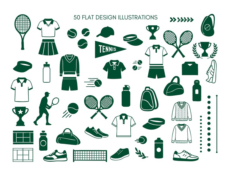 May include: A collection of 50 flat design illustrations in dark green on a white background. The illustrations depict tennis equipment and apparel, including rackets, balls, clothing, shoes, and accessories. Text at the top reads "50 FLAT DESIGN ILLUSTRATIONS."