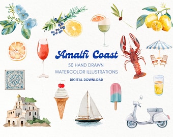 Amalfi Coast Watercolor Illustrations Bundle – 50 Digital Clip Art CANVA/PNG/SVG - Digital Download