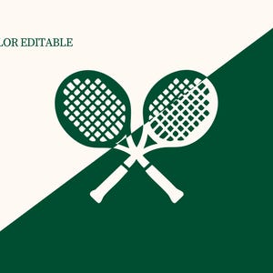 May include: A graphic illustration of two white tennis rackets crossed over each other. The rackets are set against a background divided diagonally into two sections: a cream-colored upper left and a dark green lower right. The text "COLOR EDITABLE" is in the upper left.
