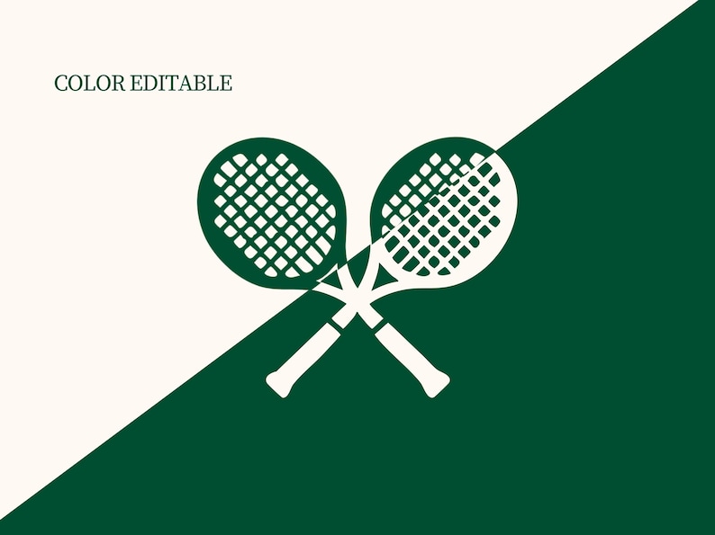 May include: A graphic illustration of two white tennis rackets crossed over each other. The rackets are set against a background divided diagonally into two sections: a cream-colored upper left and a dark green lower right. The text "COLOR EDITABLE" is in the upper left.
