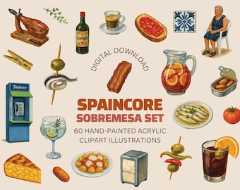 Spaincore: Sobremesa Tardeo Icons Illustrations Bundle – 60 Hand-painted Acrylic Clipart Set  CANVA/PNG/SVG - Digital Download
