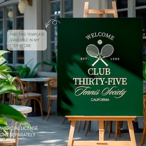 May include: A dark green sign on a wooden easel with the text "WELCOME" and "CLUB THIRTY-FIVE Tennis Society CALIFORNIA". The sign features crossed tennis rackets and a tennis ball. The sign is displayed outdoors.
