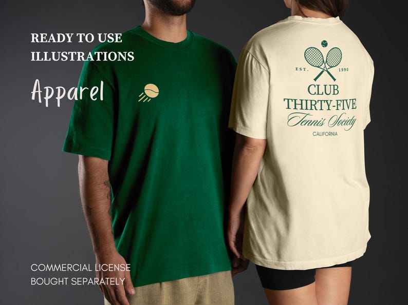 May include: Two people wearing t-shirts. One is dark green with a tennis ball graphic, the other is cream-colored with a tennis-themed design on the back. Text on the shirts includes "READY TO USE ILLUSTRATIONS", "Apparel", and "CLUB THIRTY-FIVE Tennis Society CALIFORNIA".