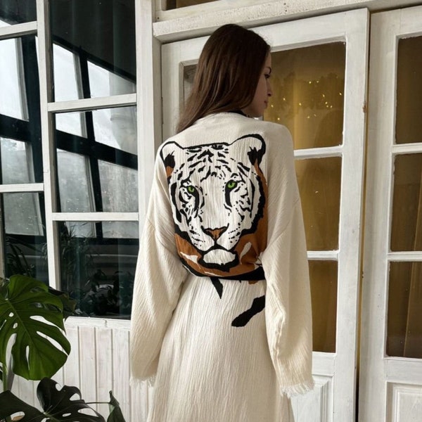 Tiger Head Robe/Kimono, extremely breathable, lightweight, absorbent, and SOFT!, Hand Painted