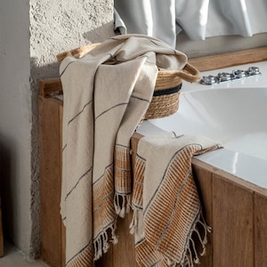 Bean Turkish Towel,Linen Towel, Minimal pattern hand-loomed by artisans, extremely breathable, lightweight, absorbent, and SOFT