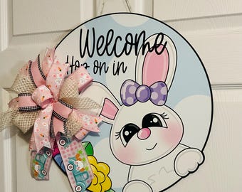 Easter Bunny Welcome Door Sign – Spring Porch Decor with Pink Bow