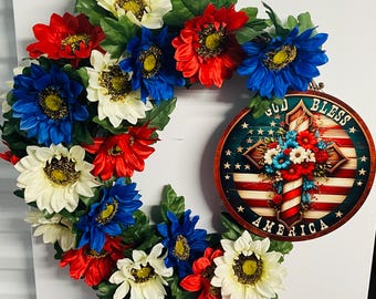 Patriotic Sunflower Wreath with God Bless America Sign | Red White Blue Front Door Wreath | 4th of July Decor | Memorial Day