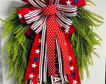 Patriotic Beaded Grass Wreath with Large Americana Bow | Red White Blue Front Door Wreath | Memorial Day | July 4th Decor