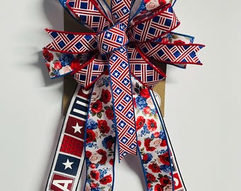 Patriotic Decorative Bow, America, Fourth of July, Red White Blue, Wreath Attachment, Americana Door Decor, Memorial Day, Veterans Day
