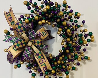 Mardi Gras Grapevine Wreath: Purple, Gold, Green Glitter Balls